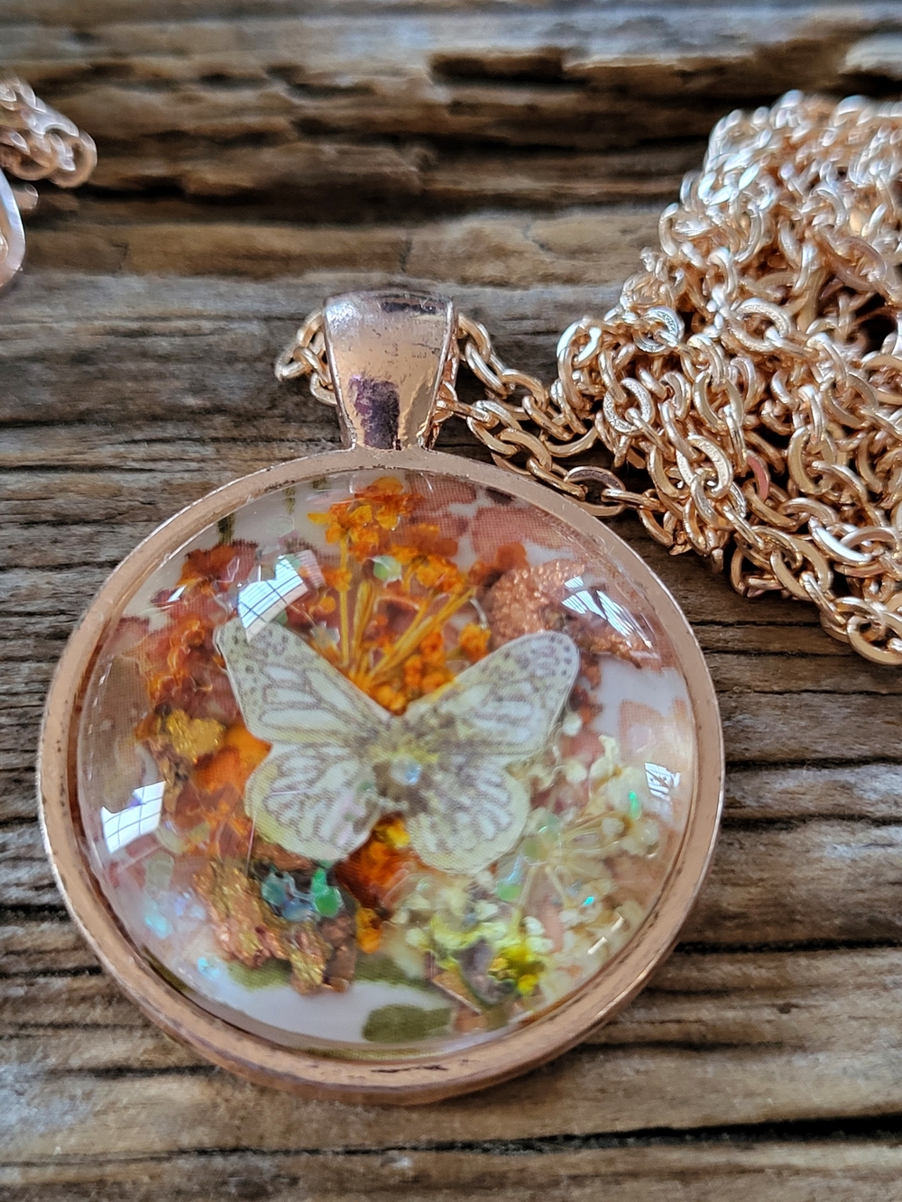 Butterfly Under Glass Necklace - Rose Gold with Orange Floral Inlay